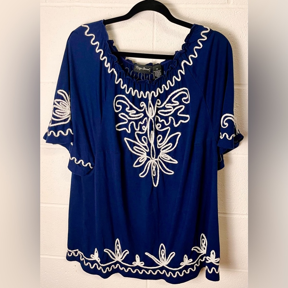 Flying Tomato Royal Blue Blouse with White Embroidery